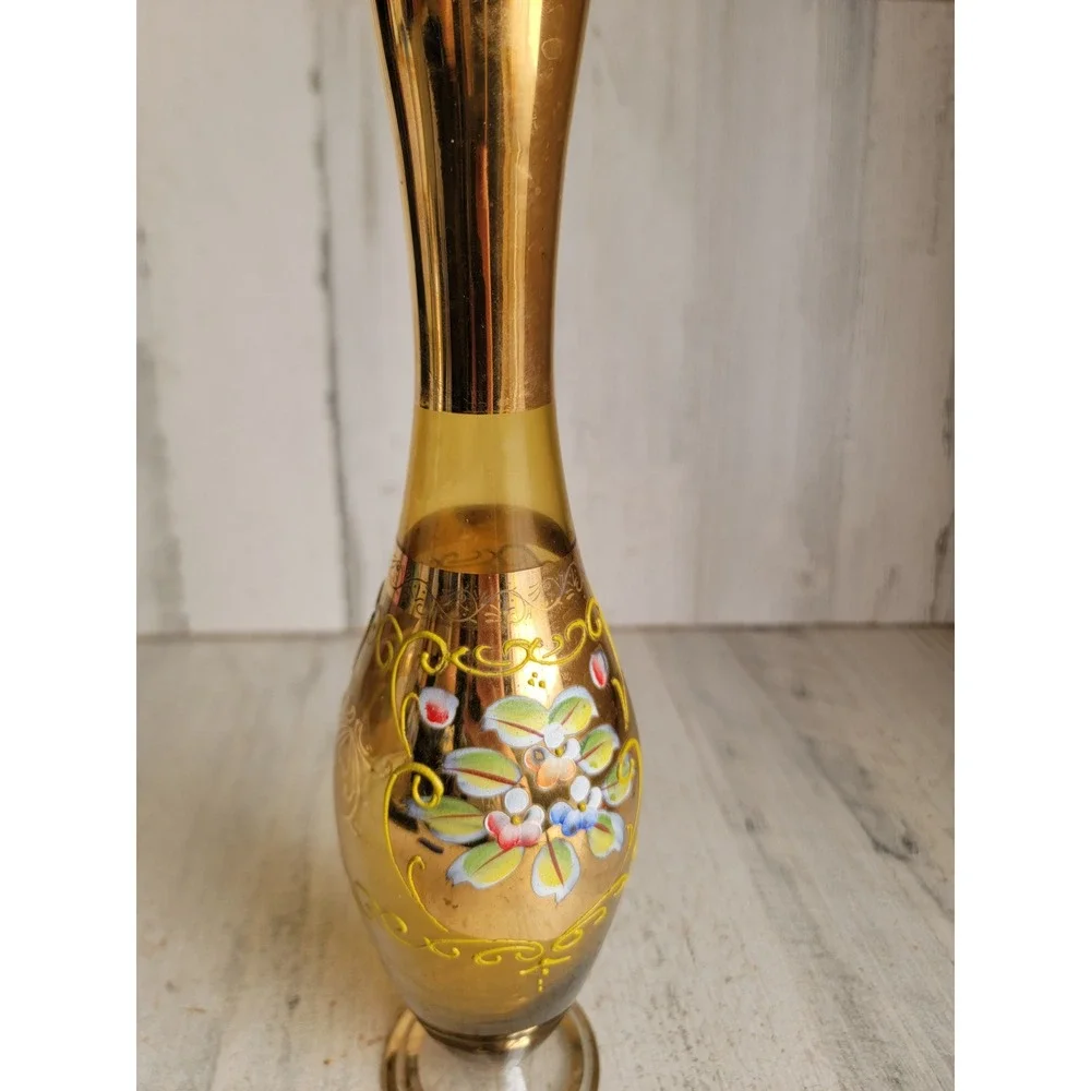 Vintage Bohemian Czech golden yellow vase flower floral glass Unique Home